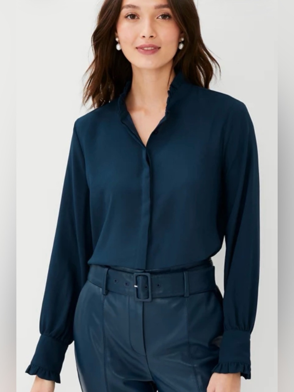 Ann Taylor Midnight Spruce Ruffle-Collar Long Sleeve Blouse size XL
